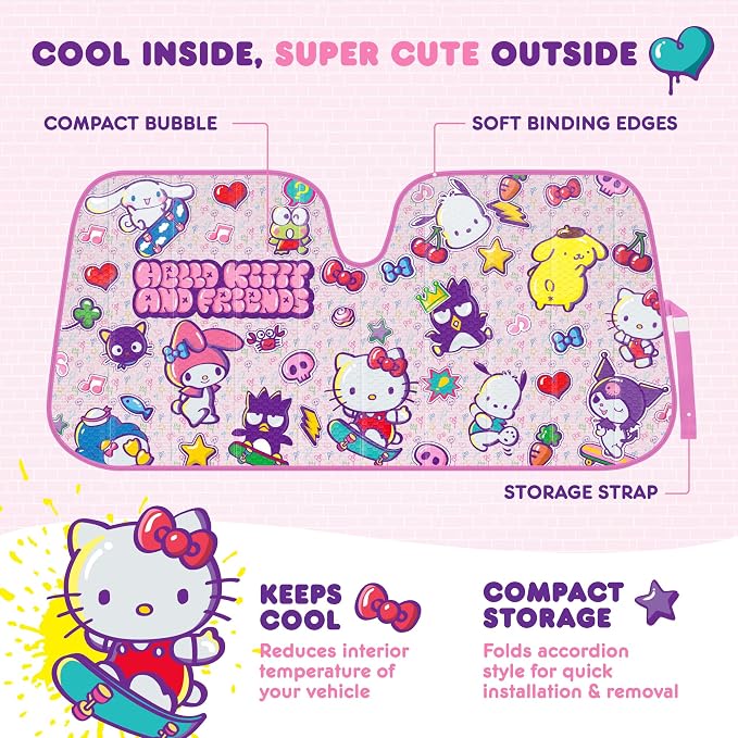 Carbella Hello Kitty and Friends Car Windshield Sun Shade, Official Sanrio Accordion Style Sunshade for Car Window, Cute Car Sun Shade Windshield, Hello Kitty Car Accessories for Women (HK & Friends)