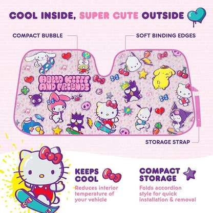 Carbella Hello Kitty and Friends Car Windshield Sun Shade, Official Sanrio Accordion Style Sunshade for Car Window, Cute Car Sun Shade Windshield, Hello Kitty Car Accessories for Women (HK & Friends)