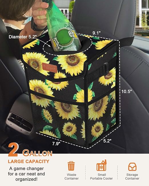 Pritent Car Trash Can with Lid, Cute Leakproof Car Trash Garbage Bag Hanging Vehicle Trash Bin Small Portable Automotive Garbage Cans Organizer for Back/Front Seat/Console(Trapezoid,Sunflower)