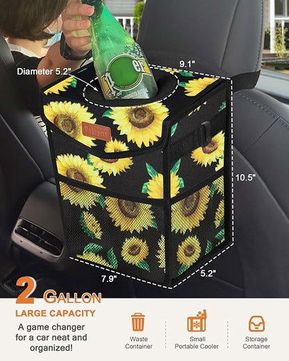 Pritent Car Trash Can with Lid, Cute Leakproof Car Trash Garbage Bag Hanging Vehicle Trash Bin Small Portable Automotive Garbage Cans Organizer for Back/Front Seat/Console(Trapezoid,Sunflower)