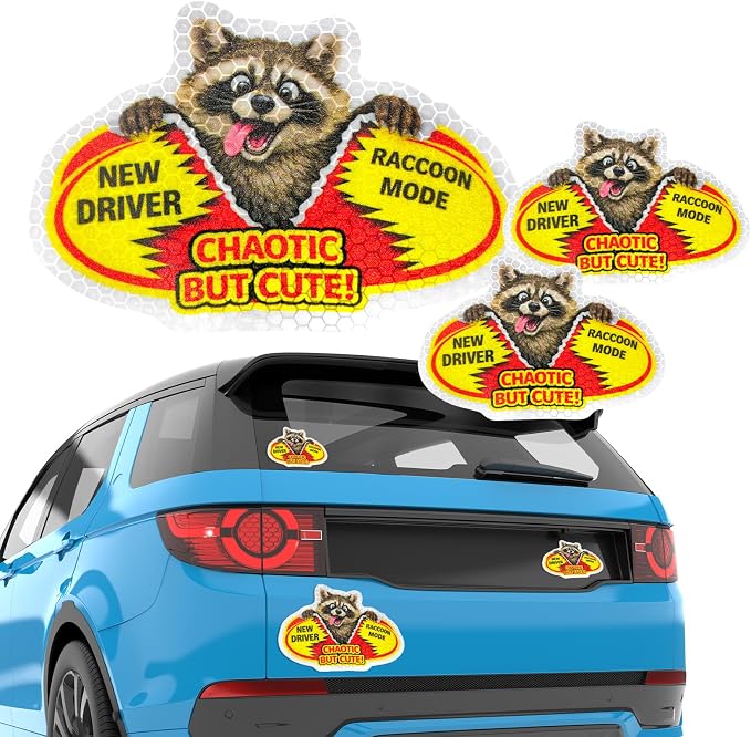 3 Pcs Reflective Student Driver Magnet and Stickers Set - Funny Animal New Driver Safety Signs for Car, Waterproof & Weatherproof High Visibility Vehicle Bumper Decals, Magnet + Stickers (Raccoon)