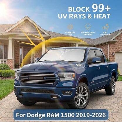 for Dodge RAM 1500 Windshield Sun Shade 2019-2026 Front Window UV Blocker Custom Fit for Regular, Quad, Crew, Mega Cab Foldable Sun Visor Car Accessory