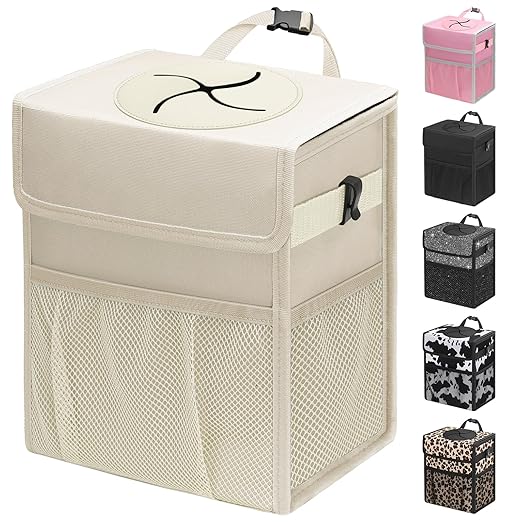 Capolo Car Trash Can with Lid, Leakproof Car Trash Bag Hanging Waterproof Automotive Garbage Can with Storage Pockets Mini Vehicle Trash Bin for Back/Front Seat(Beige,4 Gallon)