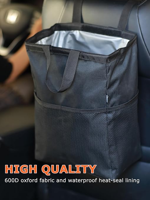 Ginsco New Leak-Proof Travel Car Trash Bag, 3.5 Gallons Large Capacity Hanging Car Trash Can with Hook and Loop Lid and Handle, Multipurpose Trash Bin with Storage Pockets for SUV RV Camping (Black)