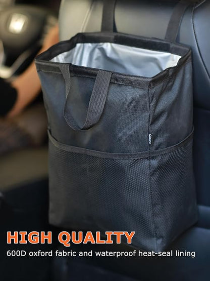 Ginsco New Leak-Proof Travel Car Trash Bag, 3.5 Gallons Large Capacity Hanging Car Trash Can with Hook and Loop Lid and Handle, Multipurpose Trash Bin with Storage Pockets for SUV RV Camping (Black)