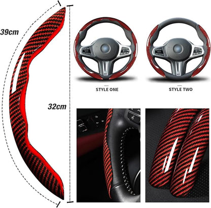Car Steering Wheel Cover Set Bright Carbon Fiber Wrap Non-Slip 3pcs Steering Wheel Accessories 14.5-15 inch Universal (Red)