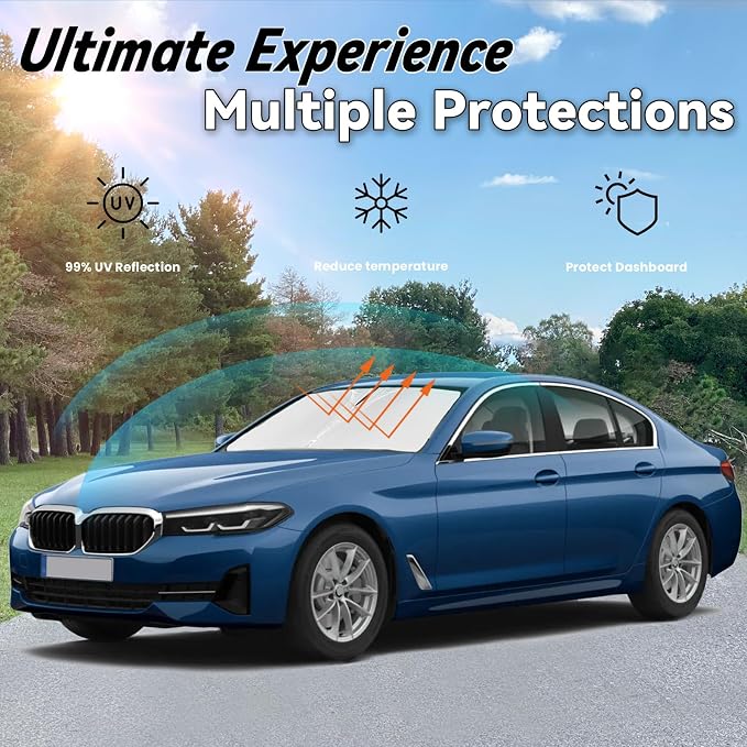 Windshield Sun Shade for 2011-2024 BMW 5 Series 525i 528i 528xi 530i 530e 535i 545i 550i, Car Front Window Sunshade with 240T Sun Visor Protector Blocks UV Rays Heat Sun Shield Accessories