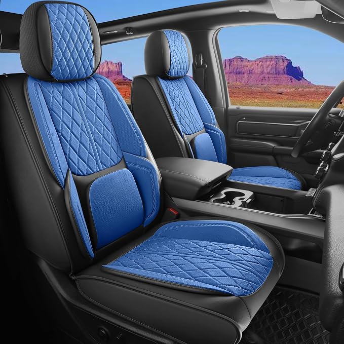 Custom Fit Chevy Silverado GMC Sierra 1500 2007-2026 2500/3500 HD Crew Cab Faux Leather Front Seat Covers - 2 Pack, Waterproof & Breathable Car Seat Protector for Truck, BlackBlue