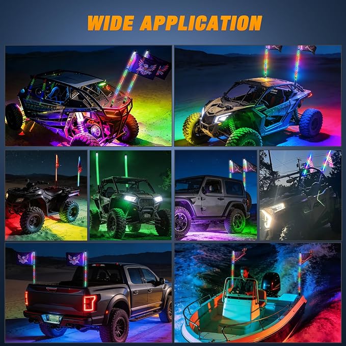 Nilight 2PCS 4FT RGB LED Whip Light and 6 PCS Rock Lights Combo Remote App Control w/DIY Chasing Patterns Stop Turn Reverse Modes Safety Antenna Whips for ATV UTV Polaris RZR Can-am Dune Buggy Jeep
