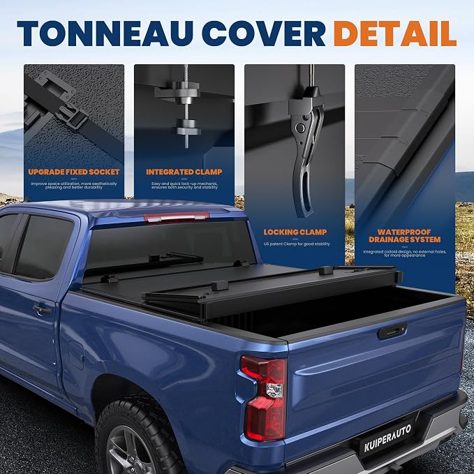 KUIPERAUTO 5.8 FT Fiberglass Tri Hard Truck Bed Tonneau Cover Fleetside Compatible for 2007-2025 2026 Chevy Silverado 1500 GMC Sierra (19 Classic Only) - 69.6 inch