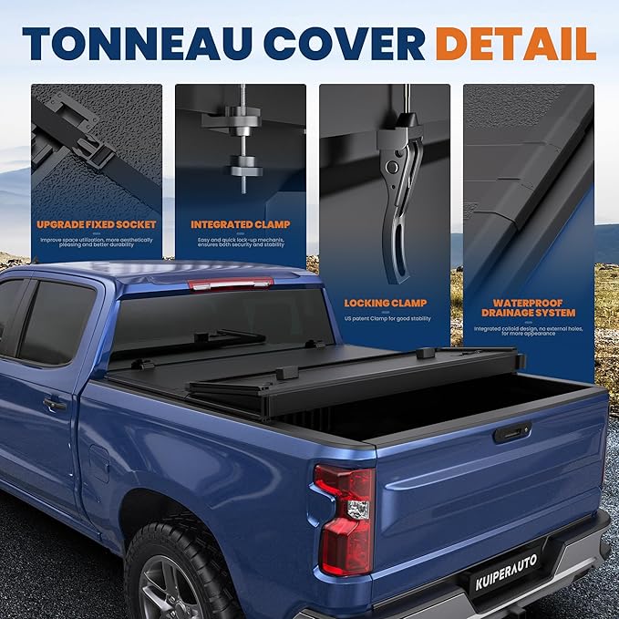 KUIPERAUTO Fiberglass Tri Hard Tonneau Cover Truck Bed Compatible for 2007-2013 Chevrolet Silverado GMC Sierra 1500 (Excl. 07 Classic) - 6.5 FT Bed On Top (78 inch)