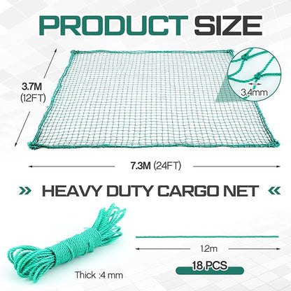 SATINIOR 24 x 12 ft Heavy Duty Cargo Net Truck Bed Network Cover with 18pcs Ropes Bungee Cargo Net Car Sealing Network Rope for Trailer Pickup Truck