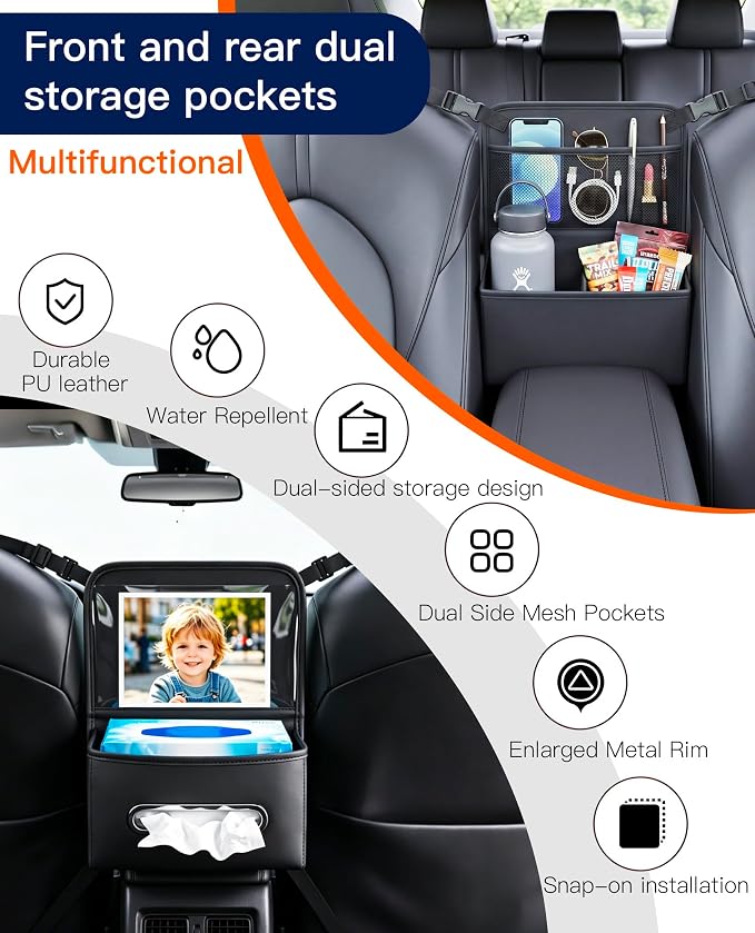 Divided Car Purse Holder Between Seats, PU Leather Front Seat Storage Bag with Backseat Tissue Holder & Tablet Pocket, Car Handbag Organizer for Small Wallet & Water Bottle, Automotive Accessories