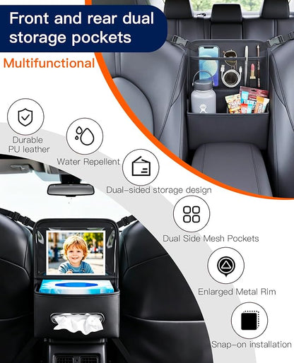 Divided Car Purse Holder Between Seats, PU Leather Front Seat Storage Bag with Backseat Tissue Holder & Tablet Pocket, Car Handbag Organizer for Small Wallet & Water Bottle, Automotive Accessories