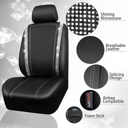 CAR PASS Bling Diamond Leather Car Seat Covers Sets 11 pcs,Bling Diamond Car Accessories for Women, Sparkly Rhinestone Steering Wheel Cover, Glitter Cute Interior Sets for Women Girl,Silver