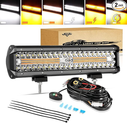 Auxbeam 12 Inch LED Light Bar 300W 6 Modes Amber White Strobe Light, Off-Road Driving Light Spot Flood Combo Work Light with 16AWG 10FT Wiring Harness Kit - 1 Lead for Jeep Wrangler Boat Truck SUV ATV