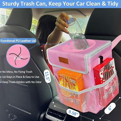 ELONGRIVER Car Trash Can Bin for Back Seat Leak Proof, Cute Car Trash Bag Hanging, Vehicle Trash Can for SUV Truck Van, Automotive Garbage Cans Front Seat Pink