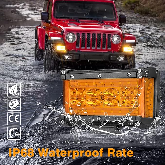 Side Shooter LED Light Bars, Muto-Beam 2PCS 5Inch Quad Row Amber Light Pods LED Fog Light Off Road Driving Lighting Spot Flood Combo Lights Work Light for Truck UTV ATV UTV Pickup SUV Boat Tractor