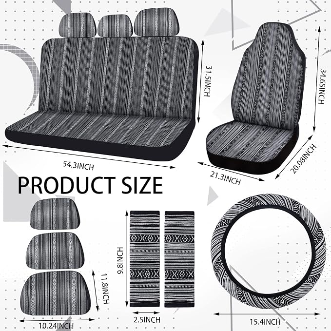 Frienda 14 Pcs Baja Car Seat Covers Full Set Multicolor Stripe Boho Print Steering Wheel Cover Seat Belt Cover Crystal Hanging Ornament Car Holders Fits (Vintage Style)