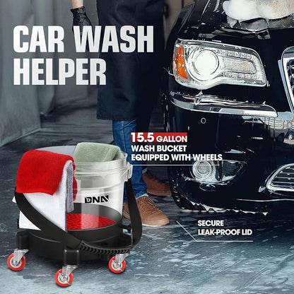 DNA Motoring 5 Gallon Washing System Includes 15.5L Bucket, Filtration System Insert, Five Castor, Bucket Dolly, and Lid for Car Wash and Detailing, Transparent, TOOLS-00603