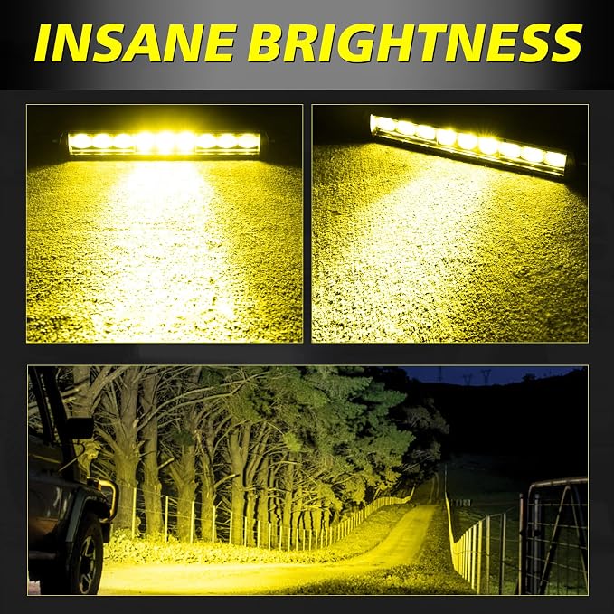 12 Inch Amber Light Bar Kit w/Wiring Harness Black Cover | 63W Powerful OSRAM LED Slim Single Row Light Bar Combo Yellow LED Bumper Lights for UTV ATV SUV Trucks Pickup Can-am Honda