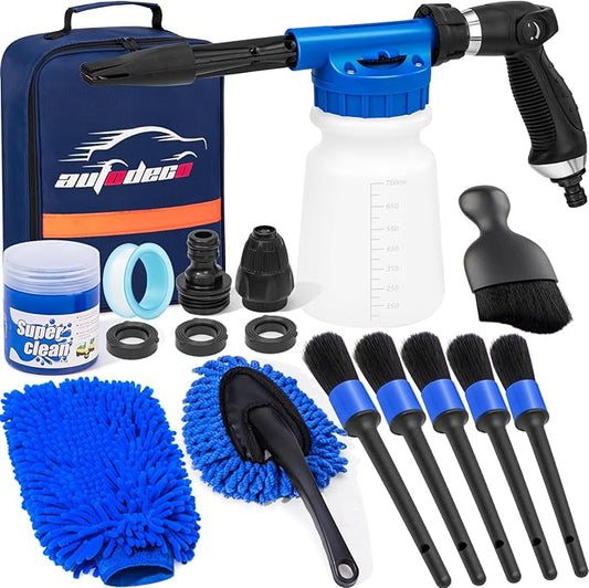 Car Wash Detailing Kit Cleaning Kits with Foam Gun Sprayer, Car Wash Brush and Large Wash Mitt Duster for Car Interior and Exterior Cleaning (Blue)