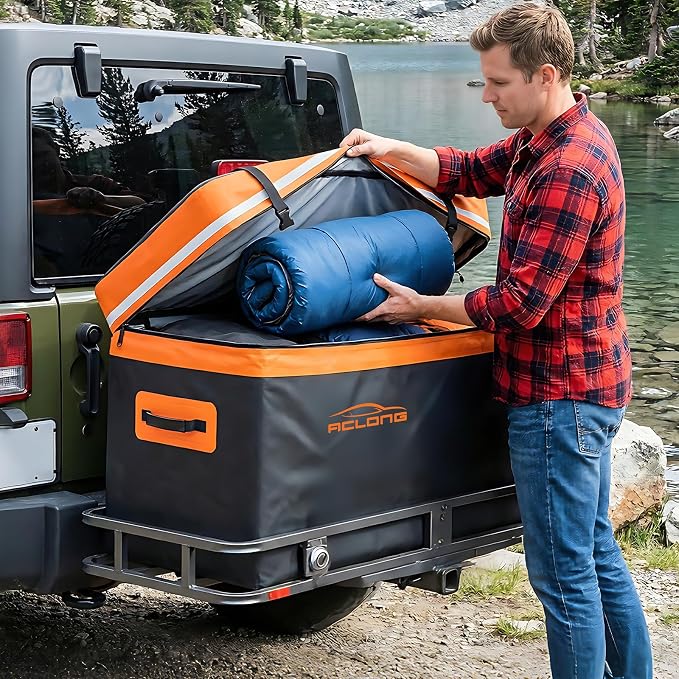 Hitch Mount Cargo Carrier Bag, Waterproof Soft Shell 20 Cubic Feet, Universal for Truck Pickup with Hitch Basket, 8 Reinforced Straps, Solid Buckles,Reflective Strip,Carry Handles,Combination Lock