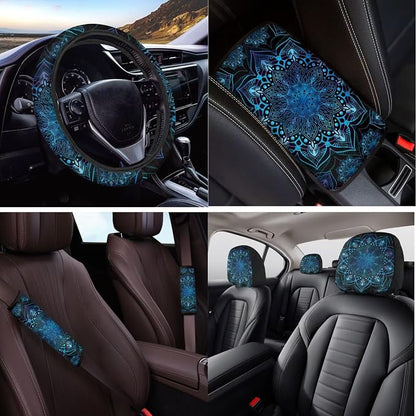 14 Pcs Blue Mandala Car Seat Covers Full Set with Steering Wheel Cover Armrest Cushion Head Rest Protector Seat Belt Covers, Retro Auto Interior Accessories Universal Fit Cars SUV Trucks