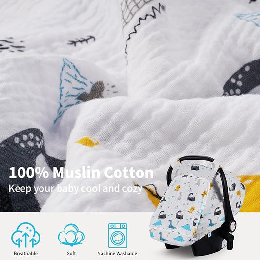 Rquite Car Seat Cover Baby, Carseat Covers Girl Boy, Breathable Muslin Cotton, Large Mesh Window, Infant Car Seat Canopy Baby Carrier Cover Stroller Sun Shade for Summer & Hot Day