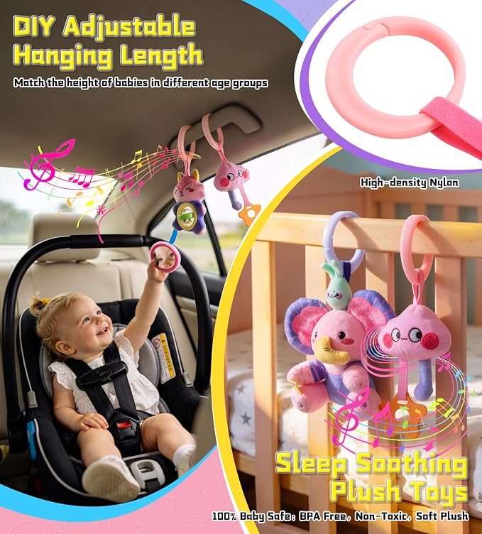 Musical Car Seat Toy for Babies 0-12 Months Girl, 5-in-1 Sensory Activity Hanging Toy Stroller Toy with Soothing Music, Rattle, Mirror for Newborn Infants Essential Gifts, Unicorn