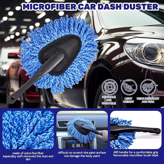 9Pcs Auto Cleaning Tools Set Contains Wheel Brush, Wash Mitt Microfiber, Foam Sponge Wax Applicator, Extendable Handle Interior Duster and 2 in 1 Air Vents Dashboard Clean Brush