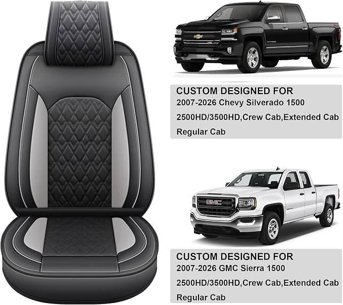 JOJOBAY Chevy Silverado Seat Covers,Leather Seat Covers for GMC Sierra,Custom Fit 2007-2024 1500 2500HD 3500HD Crew Double Extended Regular Cab,LT LZT RST(Full Set,Black Grey)