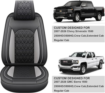 JOJOBAY Chevy Silverado Seat Covers,Leather Seat Covers for GMC Sierra,Custom Fit 2007-2024 1500 2500HD 3500HD Crew Double Extended Regular Cab,LT LZT RST(Full Set,Black Grey)