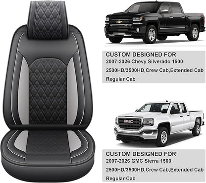 JOJOBAY Chevy Silverado Seat Covers,Leather Seat Covers for GMC Sierra,Custom Fit 2007-2026 1500 2500HD 3500HD Crew Double Extended Regular Cab,LT LZT RST Trail Boss(Front Pair,Black Grey)