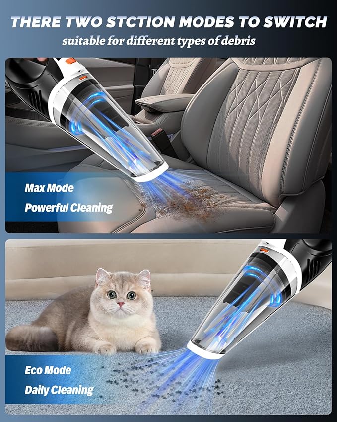 BRL Handheld Vacuum Cordless, Car Vacuum Cleaner with Powerful Suction, 2 Modes Mini Hand Vacuum, Dry & Wet, LED Light, Portable Vacuum for Car Pet Hair, Home, Office, Keyboards Black Orange