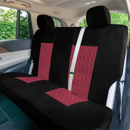 Universal Fit Diamond Stitched Flat Cloth Car Seat Covers Full Set - Burgundy