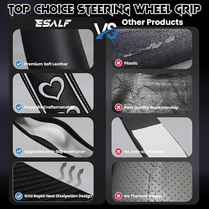 Ventilated Heart-Shaped Steering Wheel Cover with Anti-Slip Leather Grip. Compatible with Ford, Toyota, Honda, Nissan, and Chevrolet Vehicles for 14.5-15.2 inch Round Steering Wheels.
