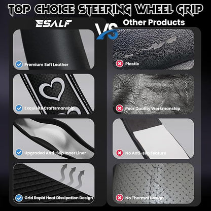 Ventilated Heart-Shaped Steering Wheel Cover with Anti-Slip Leather Grip. Compatible with Ford, Toyota, Honda, Nissan, and Chevrolet Vehicles for 14.5-15.2 inch Round Steering Wheels.