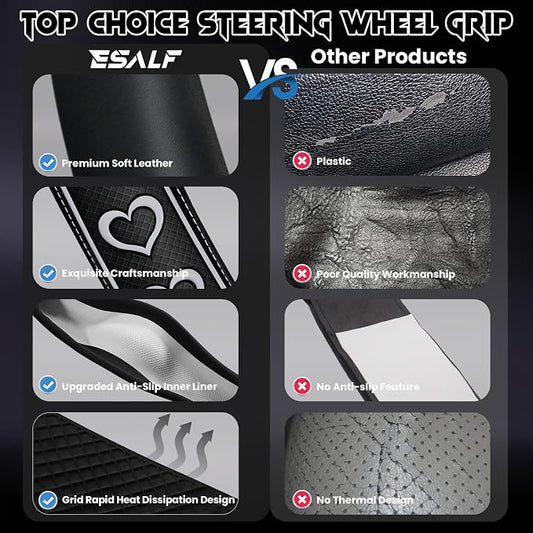 Ventilated Heart-Shaped Steering Wheel Cover with Anti-Slip Leather Grip. Compatible with Ford, Toyota, Honda, Nissan, and Chevrolet Vehicles for 14.5-15.2 inch Round Steering Wheels.