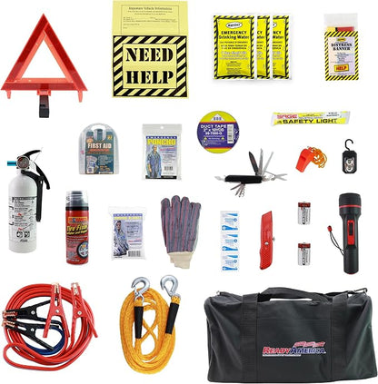 Ready America Auto Emergency Response Kit – Car Breakdown Survival Kit w/Jumper Cables, Tire Fixer, First Aid, Distress Tools & Essentials in Duffel Bag for Roadside Emergencies