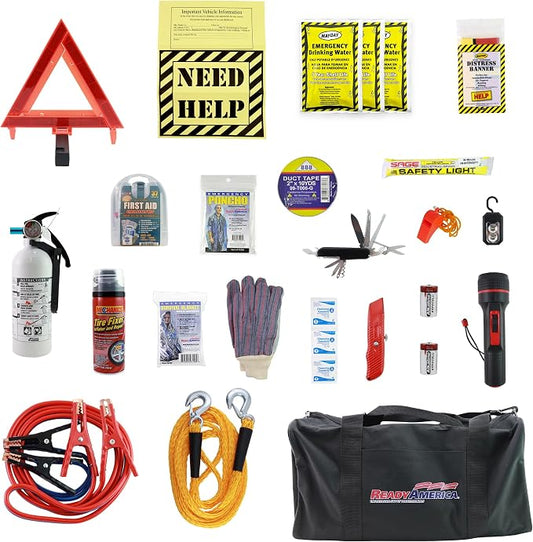 Ready America Auto Emergency Response Kit – Car Breakdown Survival Kit w/Jumper Cables, Tire Fixer, First Aid, Distress Tools & Essentials in Duffel Bag for Roadside Emergencies