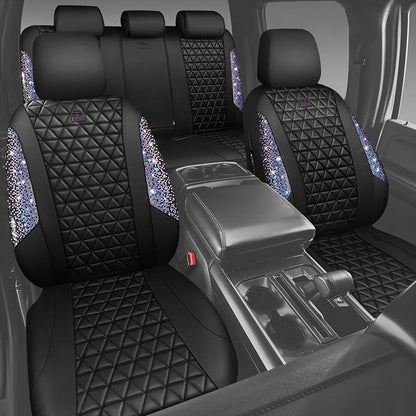 CAR PASS Bling Diamond Black Leather Car Seat Covers Full Set Interior Sets, Waterproof Shining Glitter Sparkly Crystal Armrest Fit Automotive Truck SUV Cute Women Girl, Bedazzed Iridescent Rhinestone