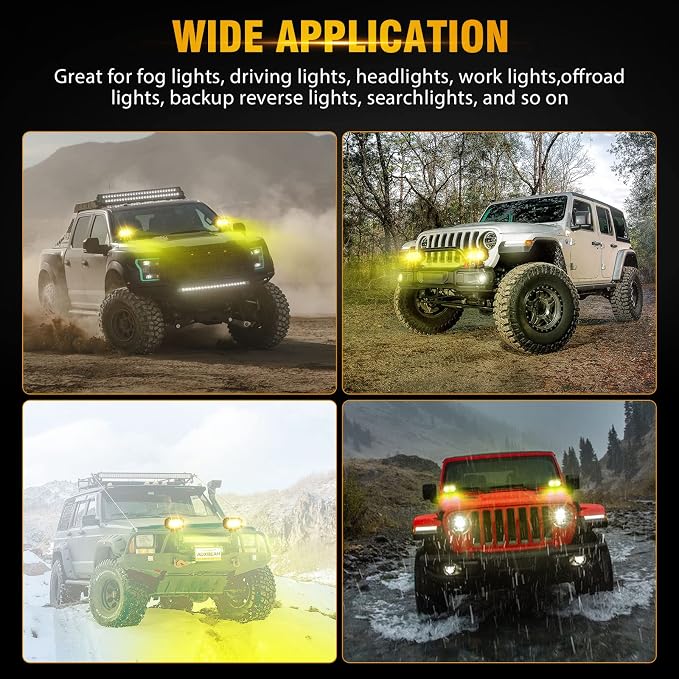 Auxbeam LED Amber Fog Light, 4Inch 60W Led Driving Offroad Lights Pod Super Bright with Wiring Harness Kit Yellow Flood Beam Pod Light for Truck SUV ATV UTV Jeep Wrangler Motorcycle
