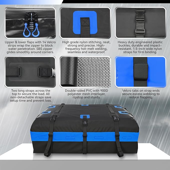 MARCHWAY Waterproof Car Roof Luggage Bag, Weatherproof Soft Shell Rooftop Cargo Carrier Bag for Vehicles with or Without Rack. 6 Door Hooks, Anti Slip Mat, Lock Included (21 Cubic Feet, Blue)