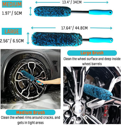 oesee PRO Choice 4 Pack Long Handle Wheel Brush Kit for Cleaning Wheel and Tire- 2X Soft Wheel Cleaning Brush, Detailing Brush and Stiff Tire Brush