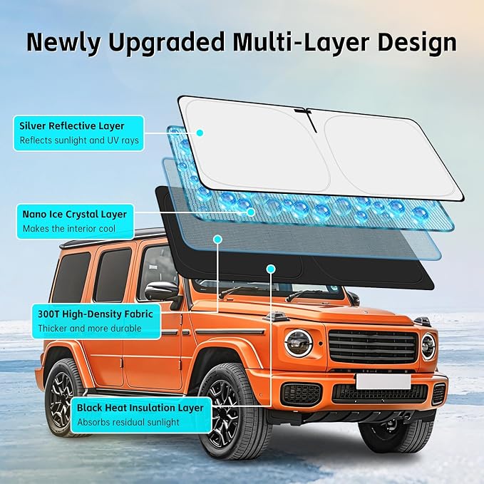 Windshield Sun Shade for Mercedes Benz G Class G63 G550 G55 G65 W463 1990-2026 Sunshade 300T Windshield Cover Blocks UV Rays Custom Fit G-Class Front Window Shade Foldable Keep Cool