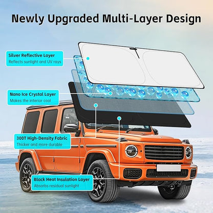 Windshield Sun Shade for Mercedes Benz G Class G63 G550 G55 G65 W463 1990-2026 Sunshade 300T Windshield Cover Blocks UV Rays Custom Fit G-Class Front Window Shade Foldable Keep Cool
