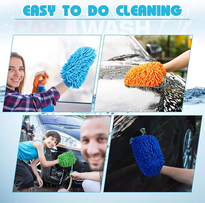 Toulite 8 Pcs Car Wash Mitt Chenille Microfiber Wash Mitt Double Sided Glove Cleaning Drying Mitts (7.48 x 10.24 Inch,Bright Colors)