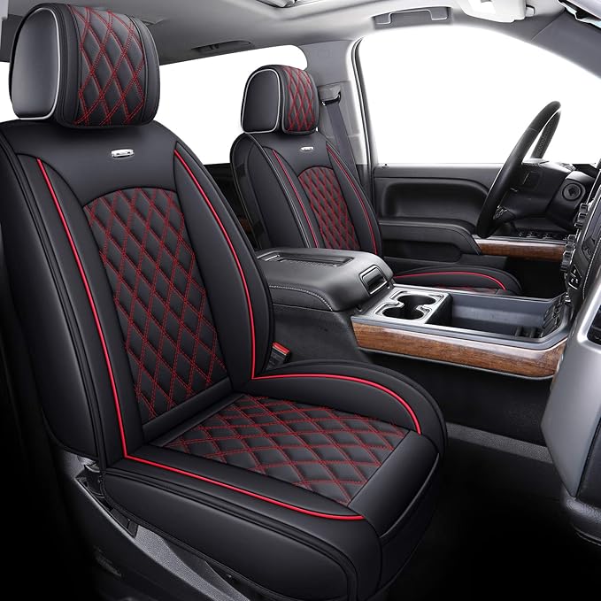Aierxuan Chevy Chevrolet Silverado GMC Sierra Front Seat Covers Pickup Custom Fit 2007-2026 1500 2500HD 3500HD Crew Double Extended Cab Waterproof Leather Protectors (2 PCS Front, Black-Red)