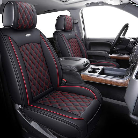 Aierxuan Chevy Chevrolet Silverado GMC Sierra Front Seat Covers Pickup Custom Fit 2007-2026 1500 2500HD 3500HD Crew Double Extended Cab Waterproof Leather Protectors (2 PCS Front, Black-Red)